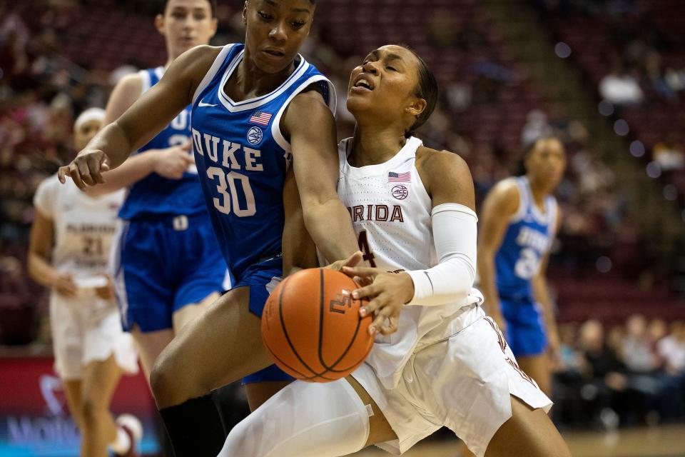 Seminoles senior Sara Bejedi (4) fights for the ball as FSU women's basketball faces Duke at the Donald L. Tucker Civic Center in Tallahassee, Fla. on Sunday, Jan. 29, 2023.