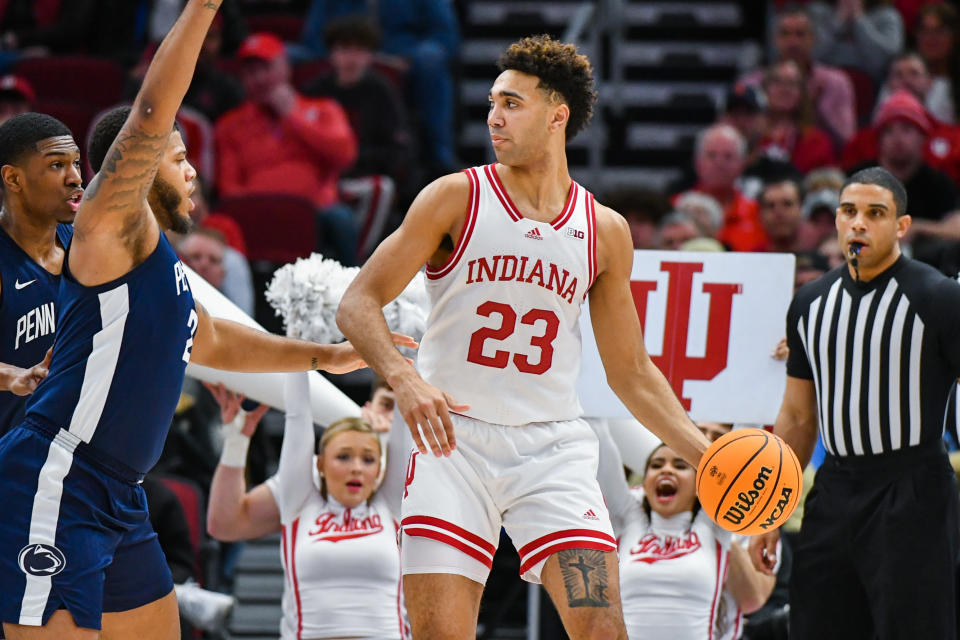 CHICAGO, ILLINOIS - MARCH 11: Trayce Jackson-Davis #23 of the Indiana Hoosiers looks to make a play against Myles Dread #2 of the Penn State Nittany Lions during the second half of a Big Ten Men's Basketball Tournament Semifinals game at United Center on March 11, 2023 in Chicago, Illinois. The Penn State Nittany Lions won the game 77-73 over the Indiana Hoosiers. (Photo by Aaron J. Thornton/Getty Images)