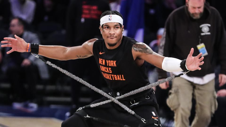 Jan 9, 2024; New York, New York, USA; New York Knicks guard Miles McBride (2) warms up prior to the game against the Portland Trail Blazers at Madison Square Garden. Mandatory Credit: Wendell Cruz-USA TODAY Sports