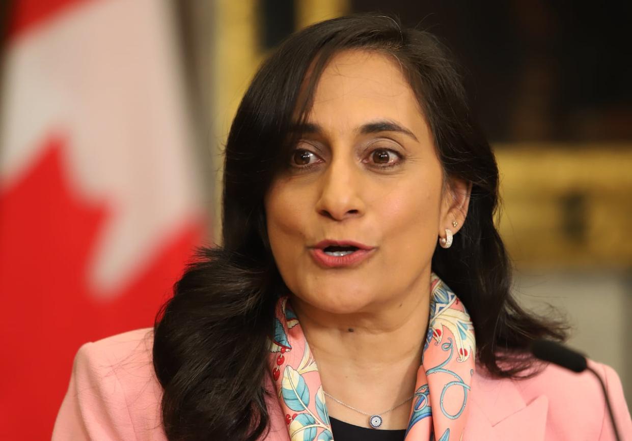 President of the Treasury Board Anita Anand announces her government's plan to expand early pension eligibility for some federal public servants in front-line jobs in Ottawa on June 13. (Patrick Doyle/The Canadian Press - image credit)