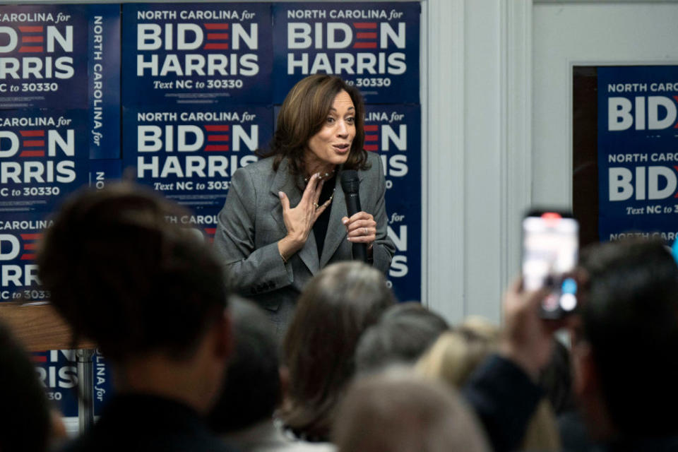 TOPSHOT – US Vice President Kamala Harris speaks at a campaign event on April 4, 2024, in Charlotte, North Carolina. (Photo by Allison Joyce / AFP) (Photo by ALLISON JOYCE/AFP via Getty Images)