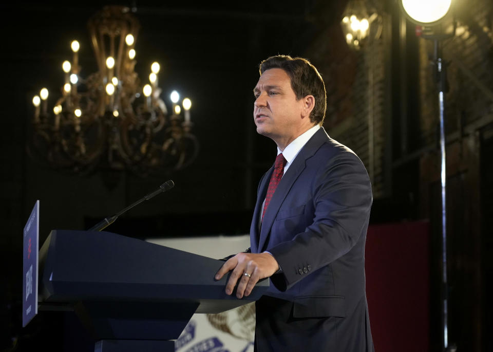 Republican presidential candidate Florida Gov. Ron DeSantis speaks during a rally with Iowa Gov. Kim Reynolds, Monday, Nov. 6, 2023, in Des Moines, Iowa. (AP Photo/Bryon Houlgrave)