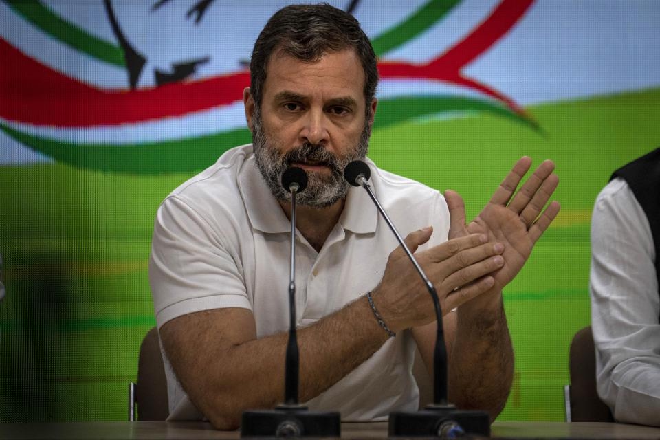 Indian opposition leader Rahul Gandhi addresses a press conference after he was expelled from parliament Friday, a day after a court convicted him of defamation and sentenced him to two years in prison for mocking the surname Modi in an election speech, in New Delhi, India, Saturday, March 25, 2023. The conviction and expulsion were widely condemned by opponents of Modi, who say democracy and free speech are under assault by a ruling government seeking to crush any dissent. (AP Photo/Altaf Qadri)