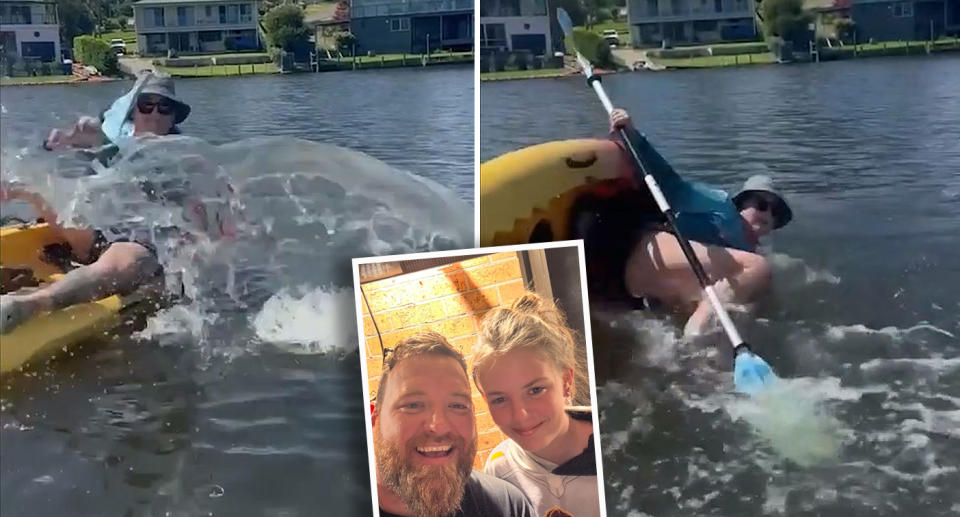 The kayaker (left) attempts to splash a father and daughter (middle) before falling into the water (right). 