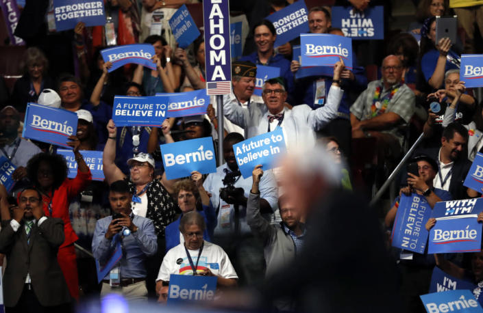 <p>A disappointed supporter for Former Democratic presidential candidate, Sen. Bernie Sanders, I-Vt., holds up her sign during the first day of the Democratic National Convention in Philadelphia, July 25, 2016. (AP Photo/Mary Altaffer)</p>