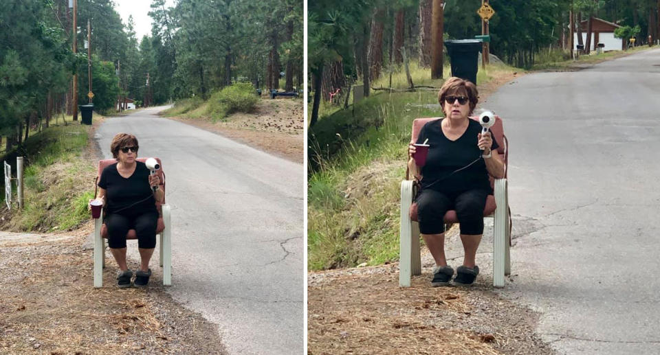 Grandmother roadside in Montana with a hairdryer pointed at traffic to slow down speeding drivers.