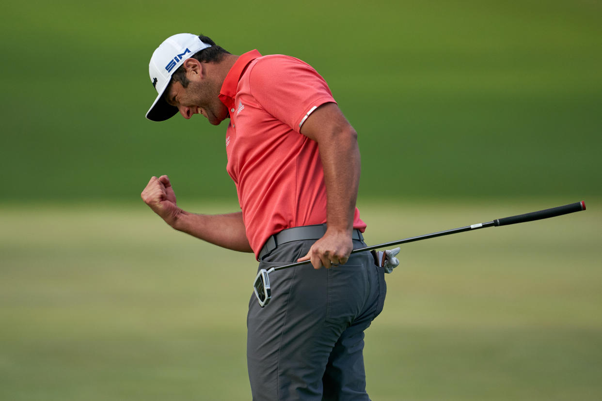 OLYMPIA FIELDS, ILLINOIS - AUGUST 30 : Jon Rahm of Spain reacts to his putt on the 18th hole, the first and only playoff hole, during the final round of the BMW Championship at Olympia Fields Country Club (North) on August 30, 2020 in Olympia Fields, IL. (Photo by Robin Alam/Icon Sportswire via Getty Images)