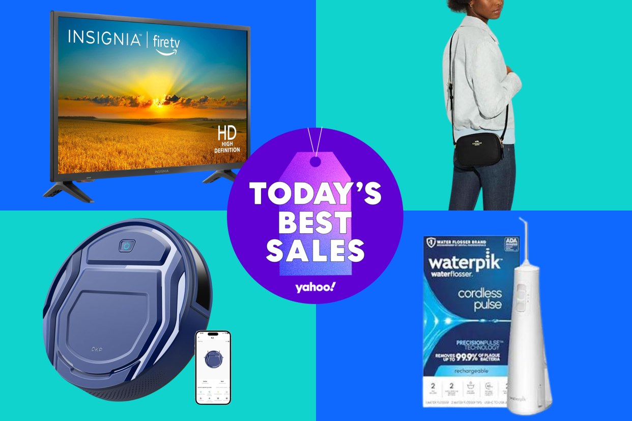 insignia tv, woman holding coach bag, blue robot vacuum, portable waterpik water flosser