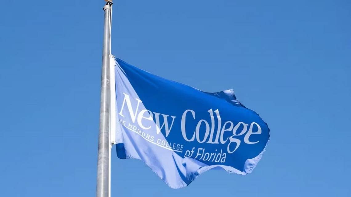 A school flag waves in the wind on Tuesday, Jan. 10, 2023, at New College of Florida in Sarasota, where Gov. Ron DeSantis has appointed six conservatives to the board of trustees.