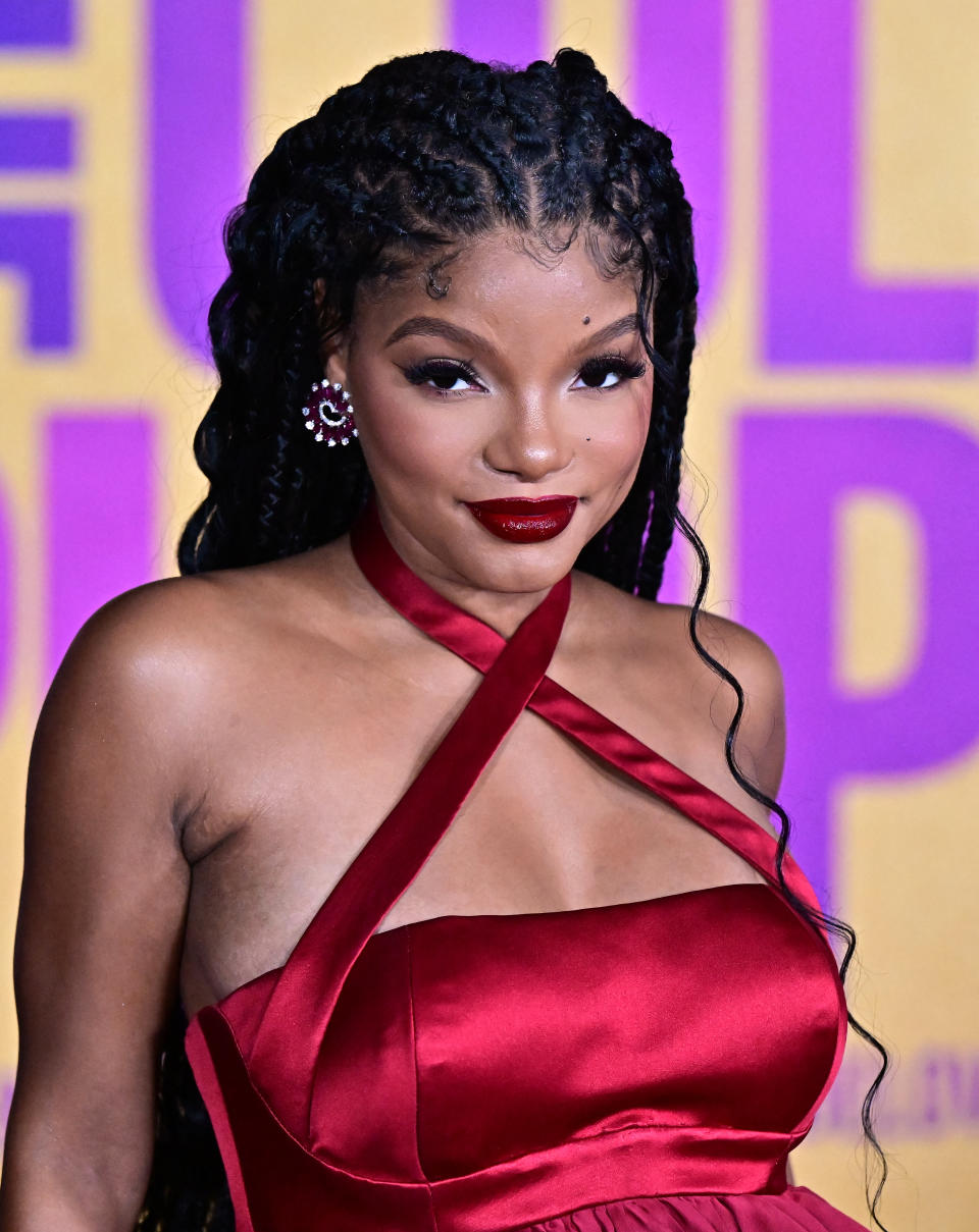 closeup of her in a dress with her long braids worn loose