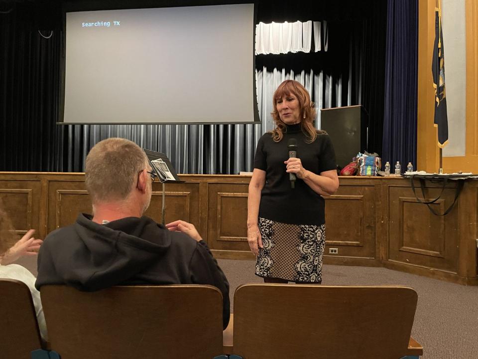 Marcia McEvoy, licensed psychologist, answers an attendee's question at a peer-to-peer mistreatment family workshop held Oct. 12 at Monroe Middle School.