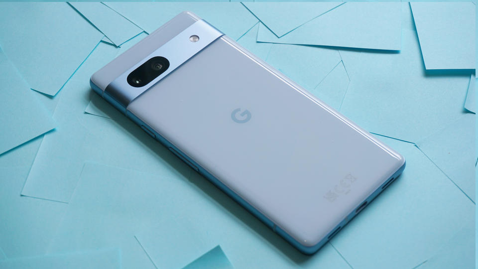  Google Pixel 7a review back angled sticky notes 
