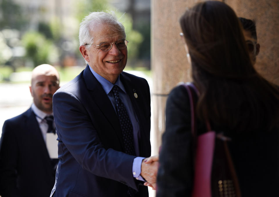 Spain's Foreign Minister Josep Borrell arrives for the inaugural meeting of the International Contact Group on Venezuela, in Montevideo, Uruguay, Thursday, Feb. 7, 2019. (AP Photo/Matilde Campodonico)