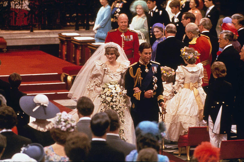 Prince Charles and his bride Diana, Princess of Wales, march down the aisle of St. Paul's Cathedral at the end of their wedding ceremony on July 29, 1981 in London. (AP Photo)