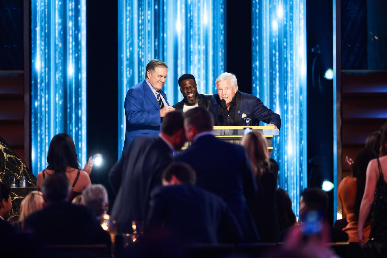 Bill Belichick and Robert Kraft do a shot together at the Tom Brady roast on Sunday. (Photo by Matt Winkelmeyer/Getty Images for Netflix)