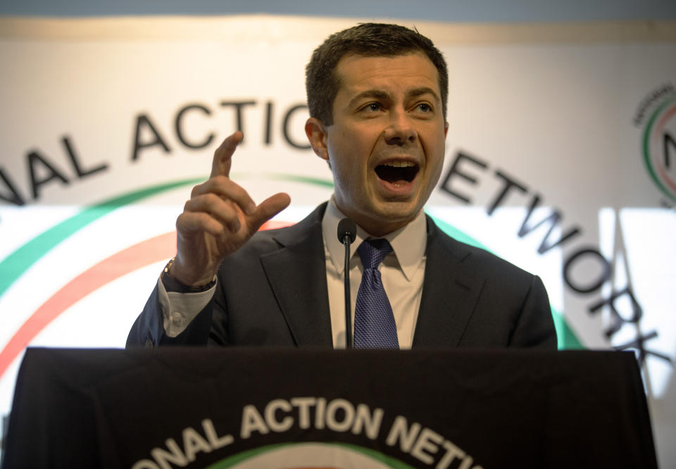 Pete Buttigieg speaks to an audience at a breakfast event on Thursday, Nov. 21, 2019, in Atlanta. Buttigieg, along with Cory Booker, Amy Klobuchar, Andrew Yang and Tom Steyer, all presidential hopefuls, spoke at the event hosted by the Al Sharpton's National Action Network. (AP Photo/ Ron Harris)