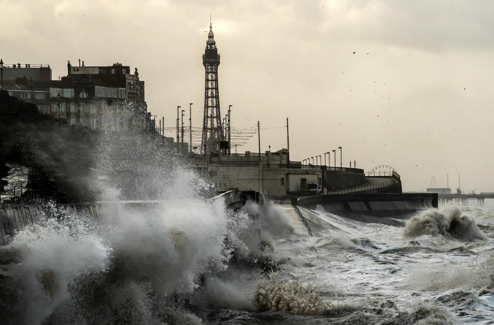 Waves break on the sea front in Blackpool. Thousands of people have been left without power as Storm Isha brought disruption to the electricity and transport networks across the UK. Picture date: Monday January 22, 2024. (Photo by Danny Lawson/PA Images via Getty Images)