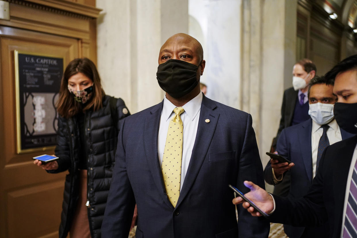 Senator Tim Scott (R-SC) departs after the day's proceedings concluded in the impeachment trial of former U.S. President Donald Trump, on charges of inciting the deadly attack on the U.S. Capitol, on Capitol Hill in Washington, U.S., February 10, 2021. (Joshua Roberts/Reuters)