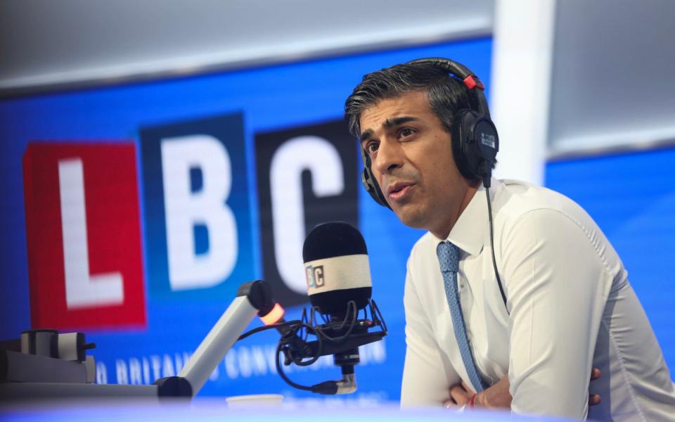 Rishi Sunak, the Prime Minister, is pictured today as he took part in a phone-in on LBC