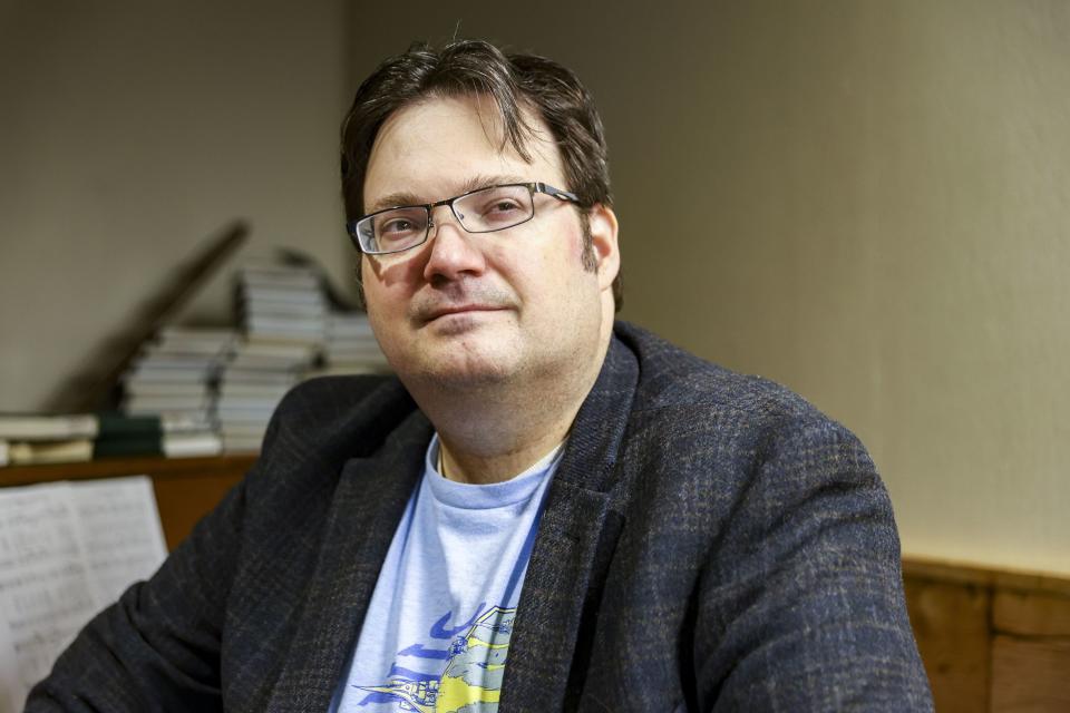 Brandon Sanderson poses for a portrait at BYU in Provo on Thursday, March 10, 2022.