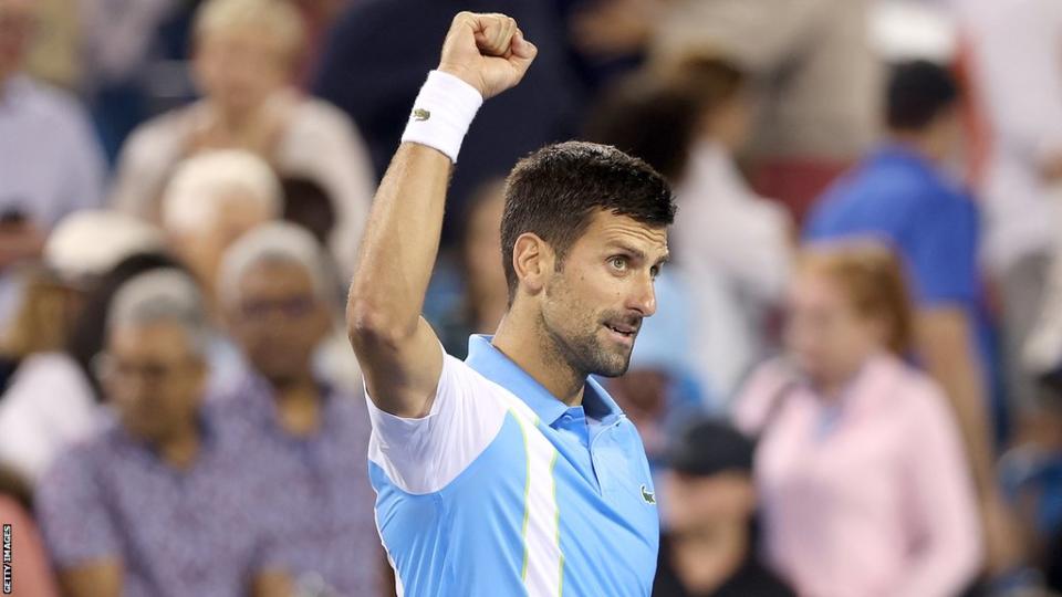 Novak Djokovic celebrates winning Cincinnati quarter-final