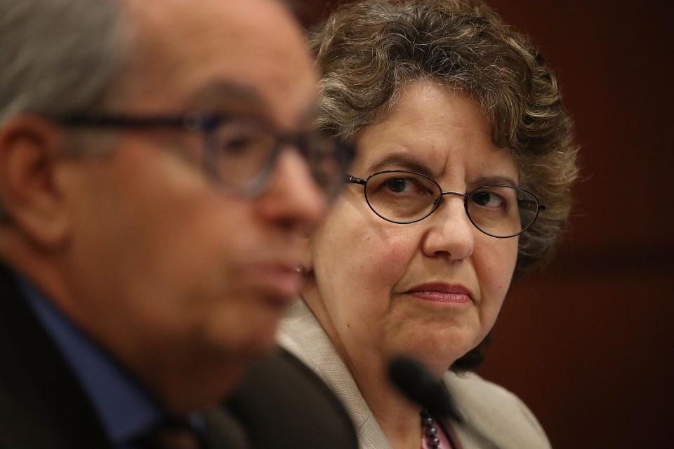 Ellen Weintraub, chairwoman of the Federal Election Commission, listens as Norm Ornstein, resident scholar at the American Enterprise Institute speaks during the Democratic Policy and Communications Committee hearing in the Capitol building on July 19, 2017 in Washington, DC.   (Photo by Joe Raedle/Getty Images)