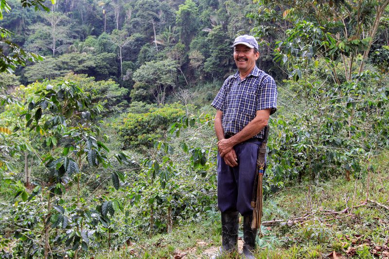 Arcadio Barajas poses for a photo in the middle of a coffee plantation in San Lucas