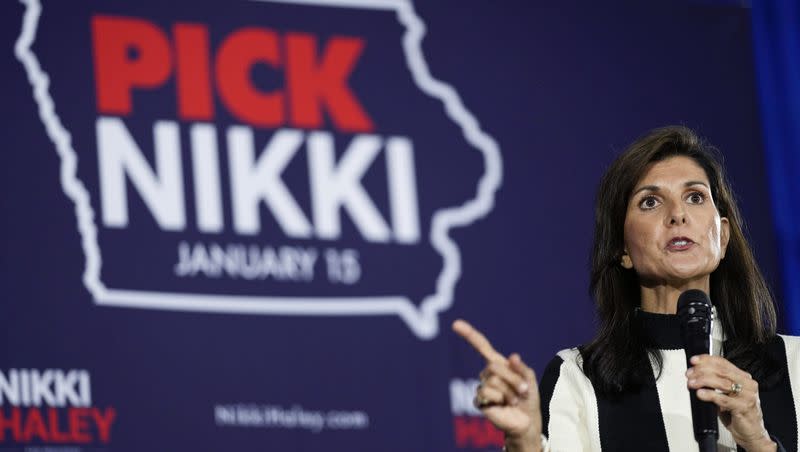 Republican presidential candidate Nikki Haley speaks during a town hall on Dec. 8, 2023, in Sioux City, Iowa. Haley on Thursday, Dec. 28, sought to clarify her comments about the Civil War a day after not mentioning slavery as a cause of the war. 