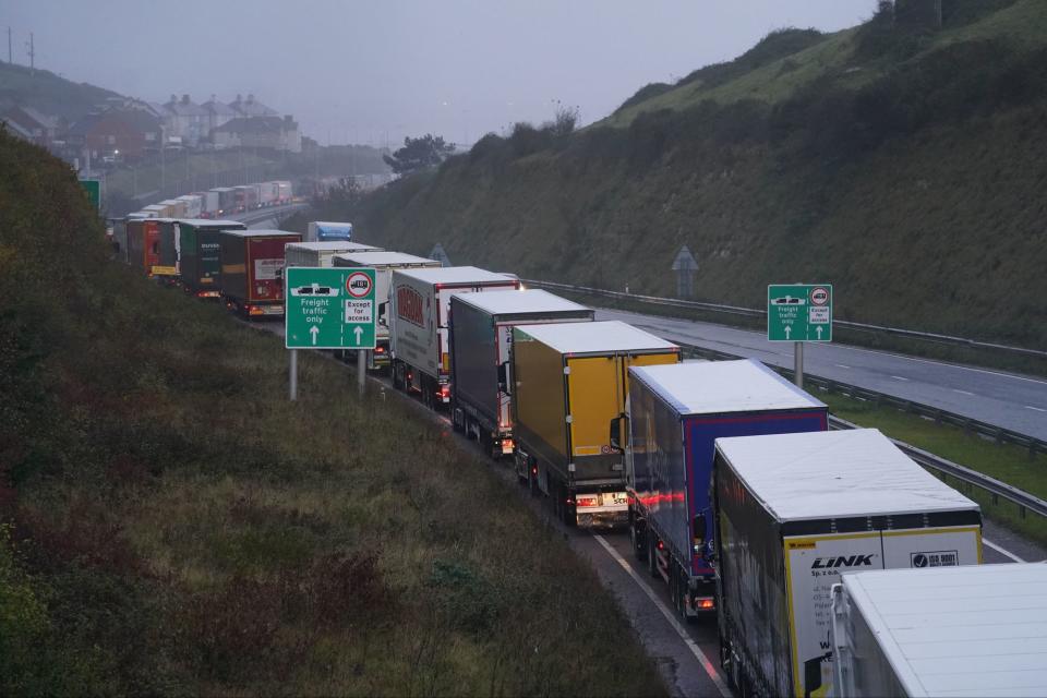 Freight lorries queuing for entrance to ferry services on the A20 into Dover (PA)