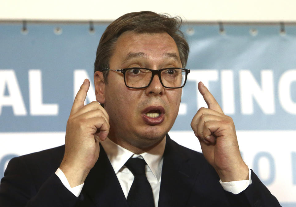 Serbia's President Aleksandar Vucic talks to the media during a joint news conference, following the Western Balkan leaders' meeting in the southwestern town of Ohrid, North Macedonia, Sunday, Nov. 10, 2019. Western Balkan leaders say they are committed to work closely and to remove administrative barriers for free movement of goods and people between their countries. (AP Photo/Boris Grdanoski)