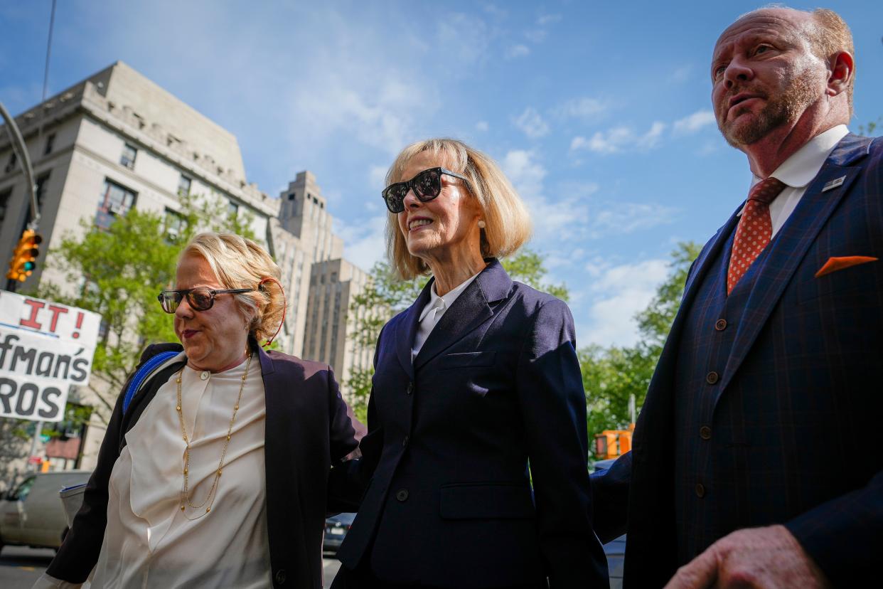 Former advice columnist E. Jean Carroll arrives to Manhattan federal court, Wednesday, April 26, 2023, in New York (AP)