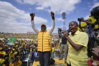 Kenyan presidential candidate William Ruto greets supporters at his final electoral campaign rally at Nyayo stadium in Nairobi, Kenya Saturday, Aug. 6, 2022. Kenya is due to hold its general election on Tuesday, Aug. 9 as the East Africa's economic hub chooses a successor to President Uhuru Kenyatta. (AP Photo/Ben Curtis)