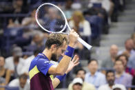 Daniil Medvedev, of Russia, reacts during a match against Carlos Alcaraz, of Spain, during the men's singles semifinals of the U.S. Open tennis championships, Friday, Sept. 8, 2023, in New York. (AP Photo/John Minchillo)