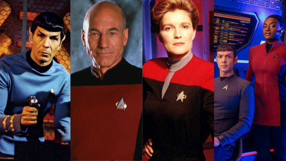 Spock (Leonard Nimoy) from Star Trek classic, Picard (Patrick Stewart) from The Next Generation, Janeway (Kate Mulgrew) from Voyager, and Spock (Ethan Peck) and Uhura (Celia Rose Gooding) from Strange New Worlds. 