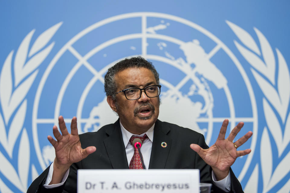 FILE-Int this Feb. 7, 2018 file photo Tedros Adhanom Ghebreyesus, director general of the World Health Organization (WHO), answers questions of the journalists about his first seven months in office and outlines the organization's priorities for the next five years, at the European headquarters of the United Nations in Geneva, Switzerland. The World Health Organization’s director-general has faced many challenges during the coronavirus pandemic: racial slurs, death threats, social media caricatures — he was once depicted as a ventriloquist’s dummy in the hands of Chinese President Xi Jinping — and U.S. funding cuts. (Martial Trezzini/Keystone via AP)