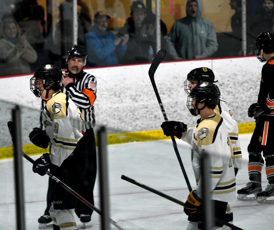 St. Paul captain Colin Kreuz celebrates scoring the team's first and tying goal against Marlborough.