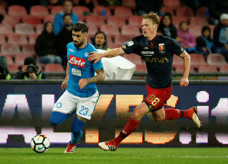 Soccer Football - Serie A - Napoli vs Genoa - Stadio San Paolo, Naples, Italy - March 18, 2018 Napoli's Elseid Hysaj in action with Genoa's Oscar Hiljemark REUTERS/Ciro De Luca