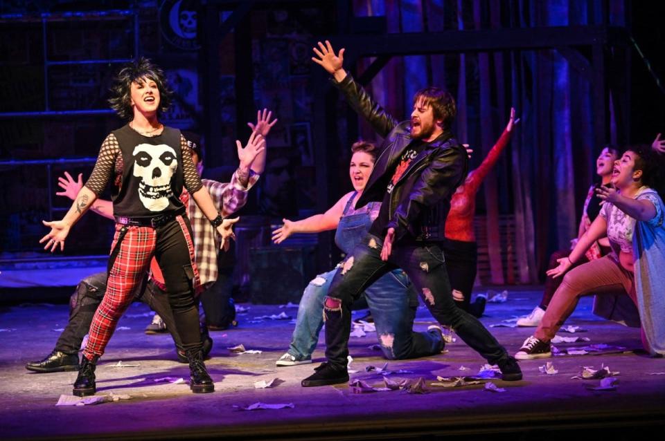 Rikki Baynard as St. Jimmy, Cullen Fitzgerald as Johnny,  and ensemble cast members Rowan Housden, Kim Lopez and Grace Ohana Smith appear in 'Green Day's American Idiot.'