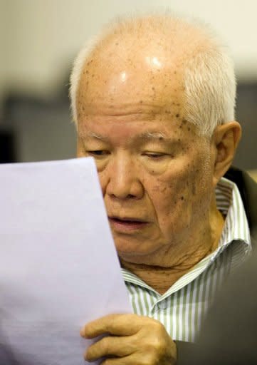 This photo, released by the Extraordinary Chamber in the Courts of Cambodia (ECCC) in November 2011, shows former Khmer Rouge head of state Khieu Samphan sitting in the courtroom at the ECCC in Phnom Penh