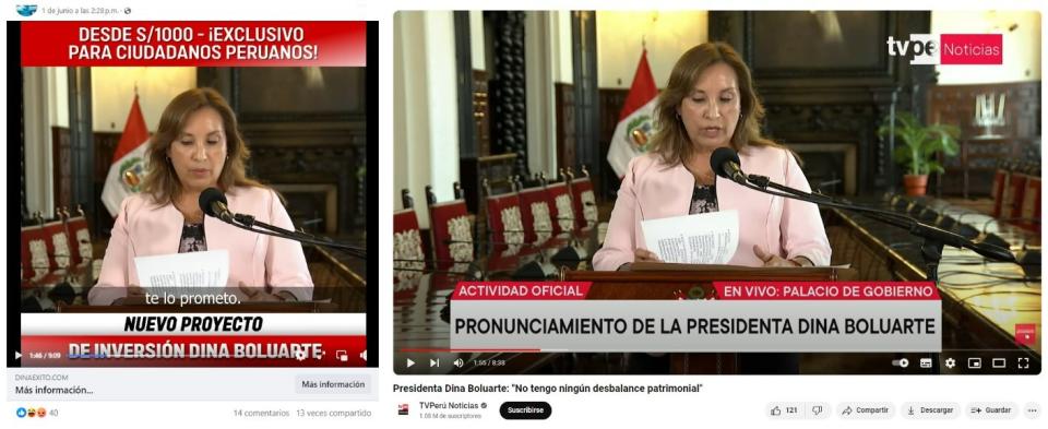 <span>Comparación hecha el 19 de junio de 2024 entre capturas de pantalla de una publicación en Facebook (I) y una transmisión de una conferencia de Dina Boluarte en TV Perú</span>