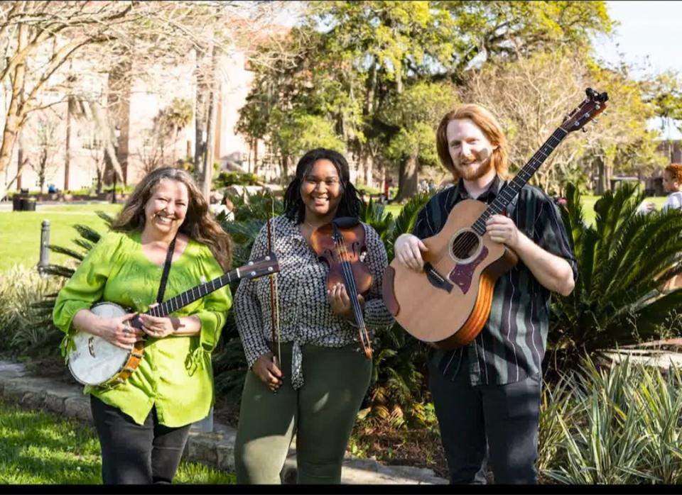 Fiddle player and vocalist Shanice “Sassy Shay” Richards says the group came together through a love of laughter and old-time music. Her bandmates Dr. Aisha Ivey and Conner “Co-Co” Bacon add banjo, guitar, and vocals to round out Somethin’ Sassy’s sound.