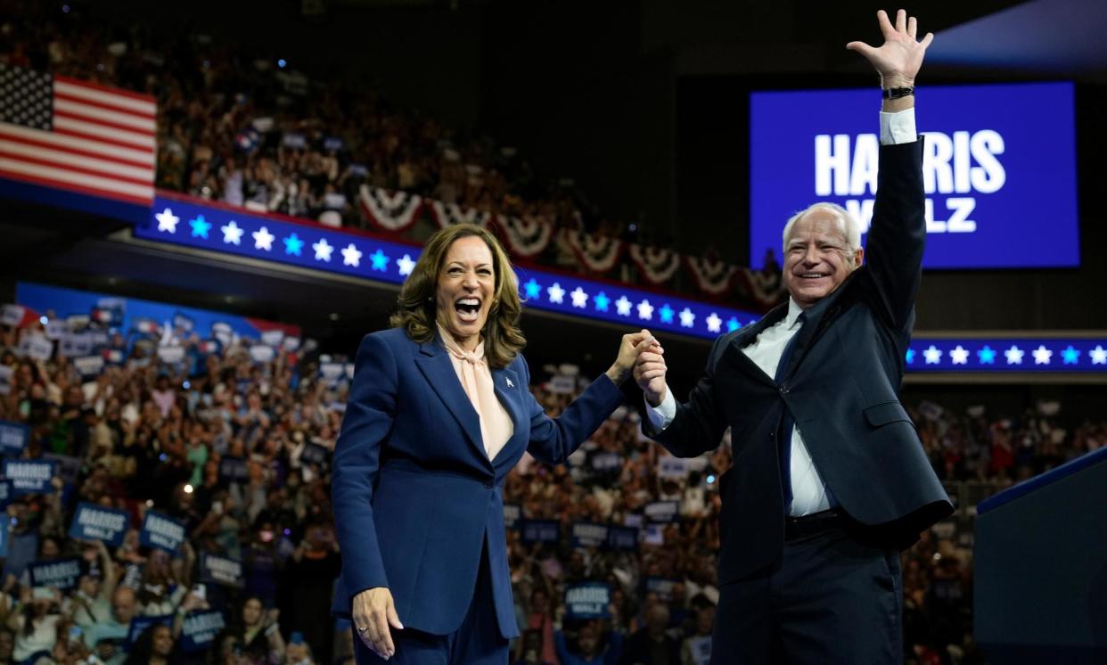 <span>Kamala Harris and Tim Walz appear at a campaign event in Philadelphia, Pennsylvania, on 6 August.</span><span>Photograph: Matt Rourke/AP</span>