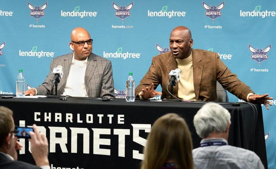 Michael Jordan (right), owner of the Charlotte Hornets and Fred Whitfield, team president and vice chairman spoke to the media on Tuesday, Feb. 12, 2019 about the upcoming NBA All-Star game and what it means to the city of Charlotte.