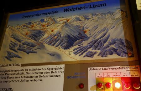 An avalanche warning sign is pictured in Wattental valley in Austria's skiing region of Tyrol February 6, 2016. REUTERS/Dominic Ebenbichler