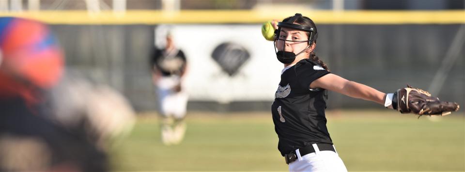 Abilene High's Maddie Perez gets ready to throw a pitch to a San Angelo Central batter in the fourth inning. Perez went the distance in the Lady Eagles' 2-1 victory in nine innings on March 29 at the AHS softball field.