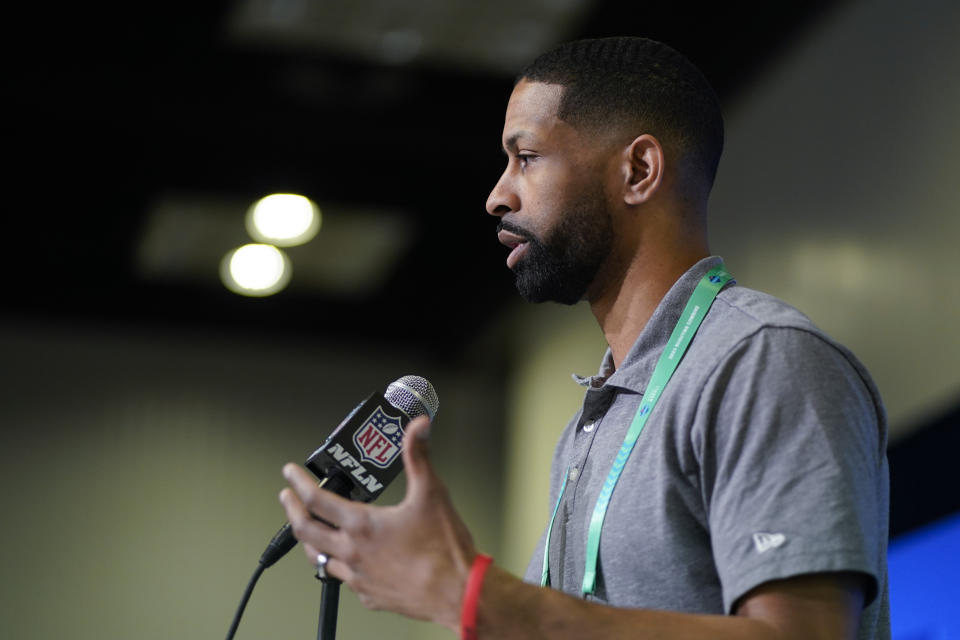 Cleveland Browns general manager Andrew Berry speaks during a news conference at the NFL football scouting combine, Tuesday, Feb. 28, 2023, in Indianapolis. (AP Photo/Darron Cummings)