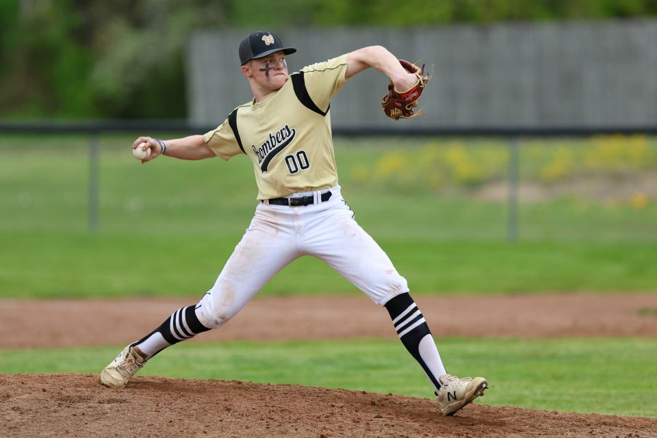 Windham pitcher Jack Eye delivers a throw from the mound during a baseball game against the Bristol Panthers Sunday, May 7, 2023 in Windham.