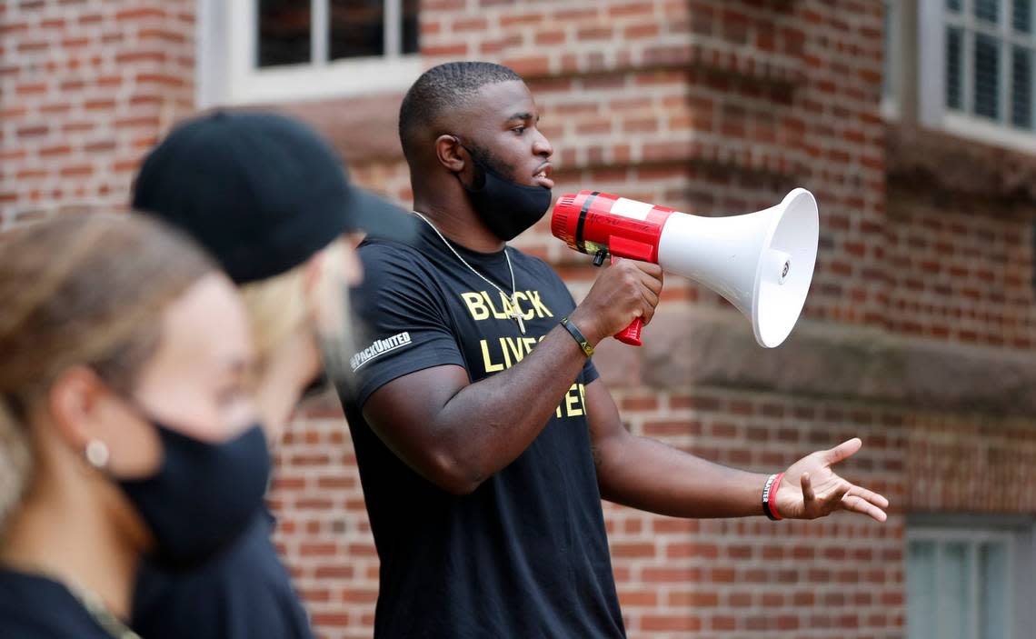 N.C. State’s Isaiah Moore speaks during a #PackUnited peaceful protest against racial and social injustice outside Holladay Hall on the campus of N.C. State Saturday, Sept. 12, 2020.