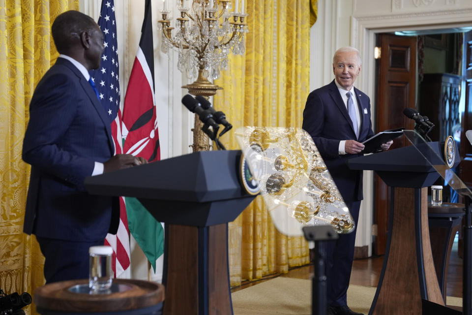 President Joe Biden and Kenya's President William Ruto hold a news conference n the East Room of the White House, Thursday, May 23, 2024, in Washington. (AP Photo/Evan Vucci)