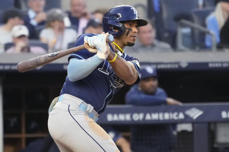 Tampa Bay Rays' Wander Franco watches his single against the New York Yankees during the third inning of a baseball game Thursday, May 11, 2023, in New York. (AP Photo/Mary Altaffer)